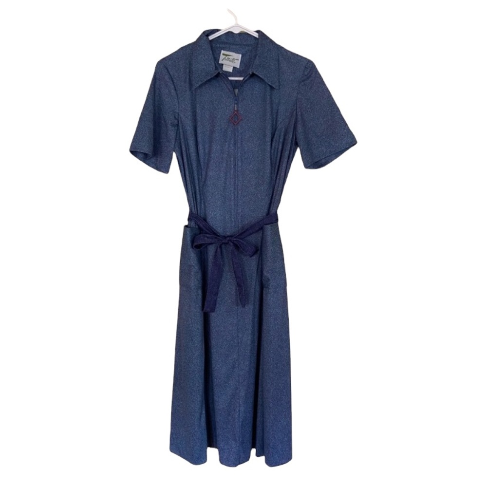 Vintage 70s Retro Blue Dagger Collar Zip Tribute Dress - Picture 1 of 6